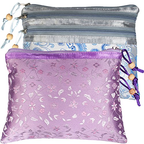 kilofly 2 pc Chinese Silk Brocade 3 Zipper Pocket Tassel Jewelry Bag Gift Pouch