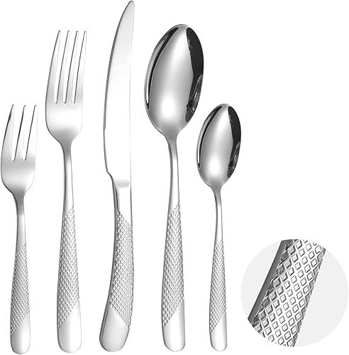 Modern Silverware - Juego de cubiertos martillados de acero inoxidable de 20 piezas para 4 personas, incluye tenedores, cucharas, Kinves, utensilios