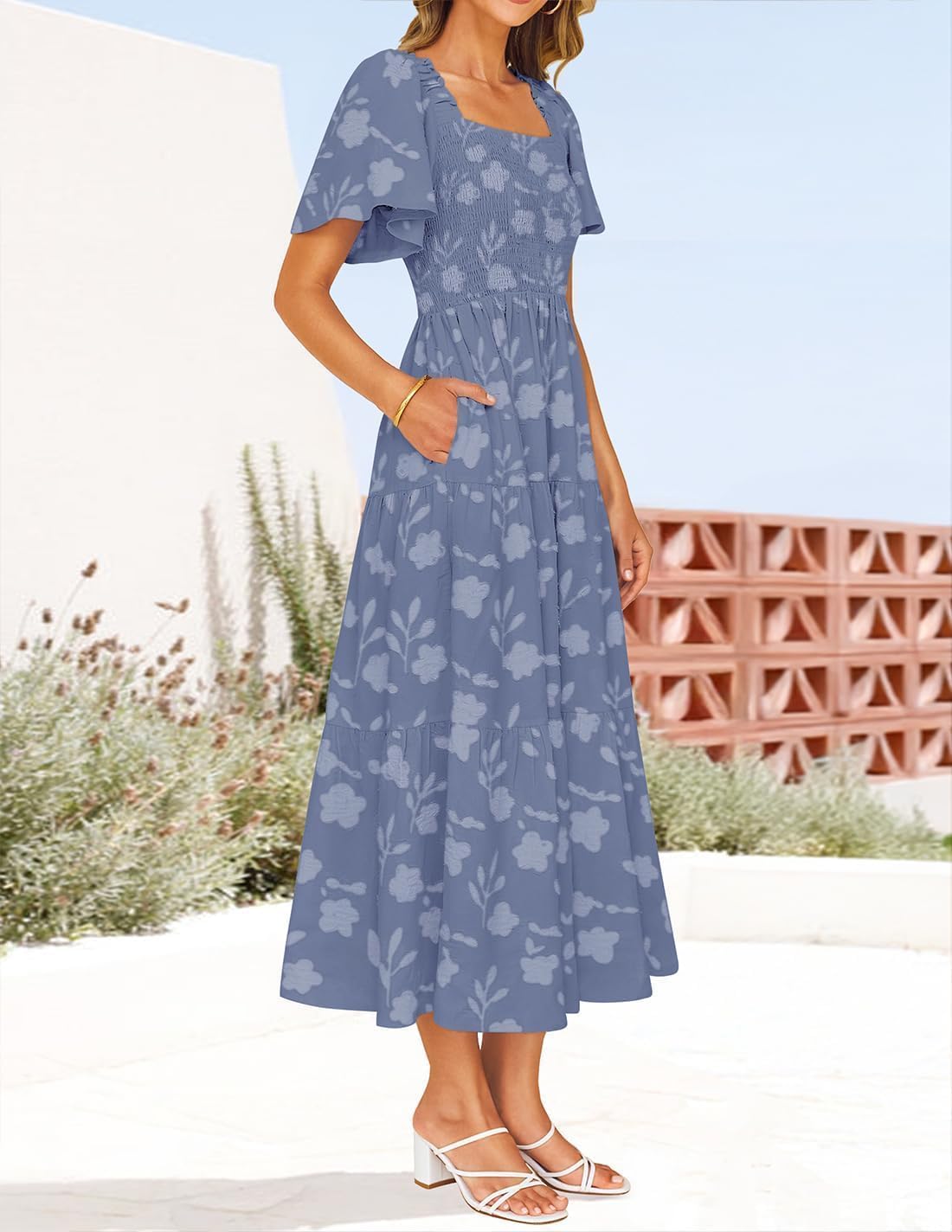 ZESICA Women‘s Summer Boho Floral Midi Dress 2026 Casual Short Sleeve Square Neck Flowy Beach Vacation Long Dress - Image 4