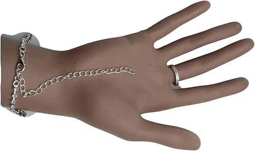 Vista 5 de TFJ - Pulsera de muñeca con cadena de mano para mujer, diseño de flores y esclavos, cuentas florales plateadas, Metal