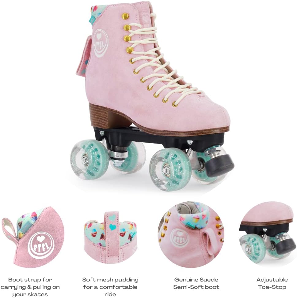 BTFL Artistic Pro Roller Skate Women & Men - Retro Suede Boot - Indoor, Outside, Rink, & Rhythmic Roller Skates Black, Blue, Gray, Green, Pink, White