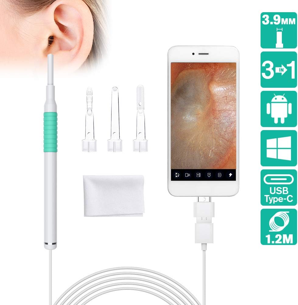 ROTEK USB Otoscope, 3.9mm Ear Endoscope 1.3 Megapixels 720P HD Ear Otoscope Inspection Camera, IP67 Waterproof Otoscope Camera with 4 LED for Micro USB, USB-C Android 4.4 and Above & Windows MAC PC