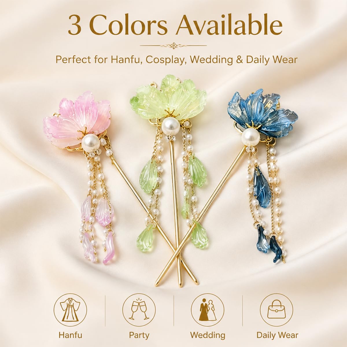 3 PCS Flower Chinese Hair Sticks Pearl Flower Hair Pin for Women Girls image 3