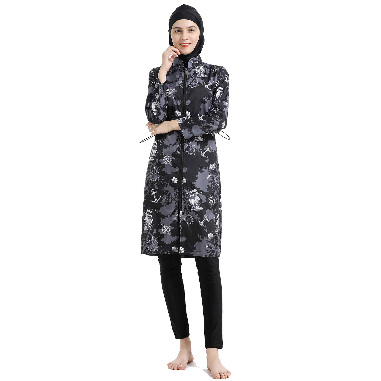 oneforus Costume da Bagno Conservatore Musulmano da Donna Cerniera Allentata Medio Oriente Abbigliamento Sportivo Costume da Bagno Burkini Costume da Bagno 3 Pezzi