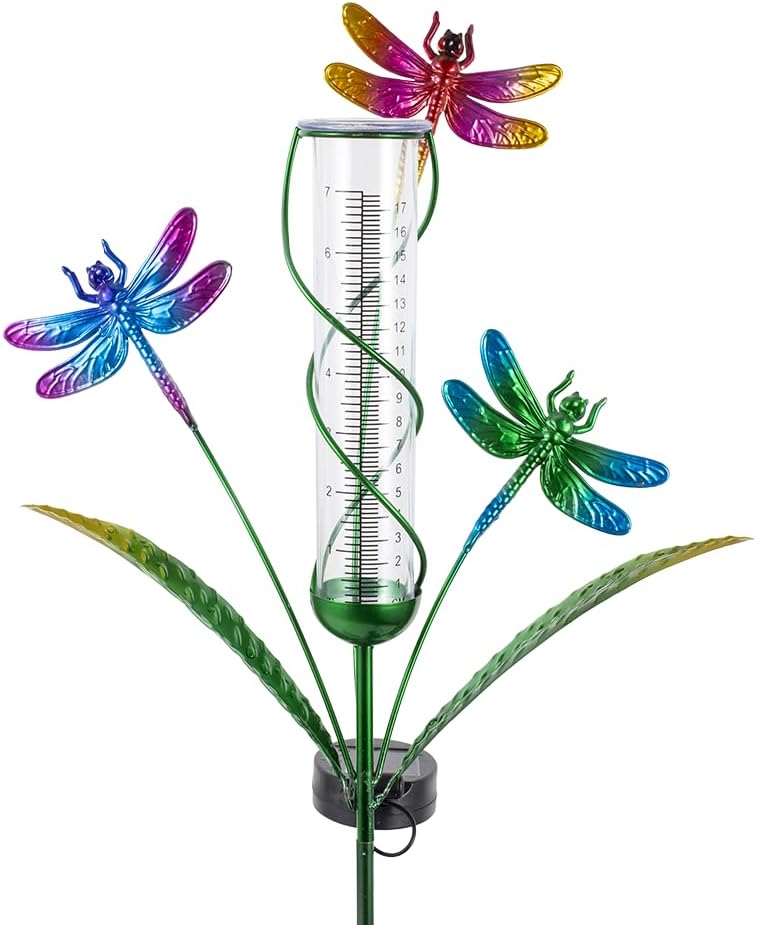 Stargarden Rain Gauge Outdoor, Dragonfly Solar Rain Gauge with 7" Plastic Tube, Decorative Rain Gauge for Yard Garden Patio Lawn