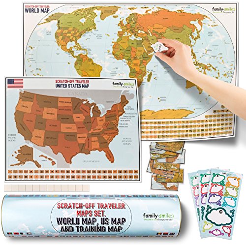 family-smile, Scratch-Off Educational & Travel Log Map Set. Two in one: Scratch Off World map & Scratch Off map USA (Summer Bonus: Four Tools are Included)