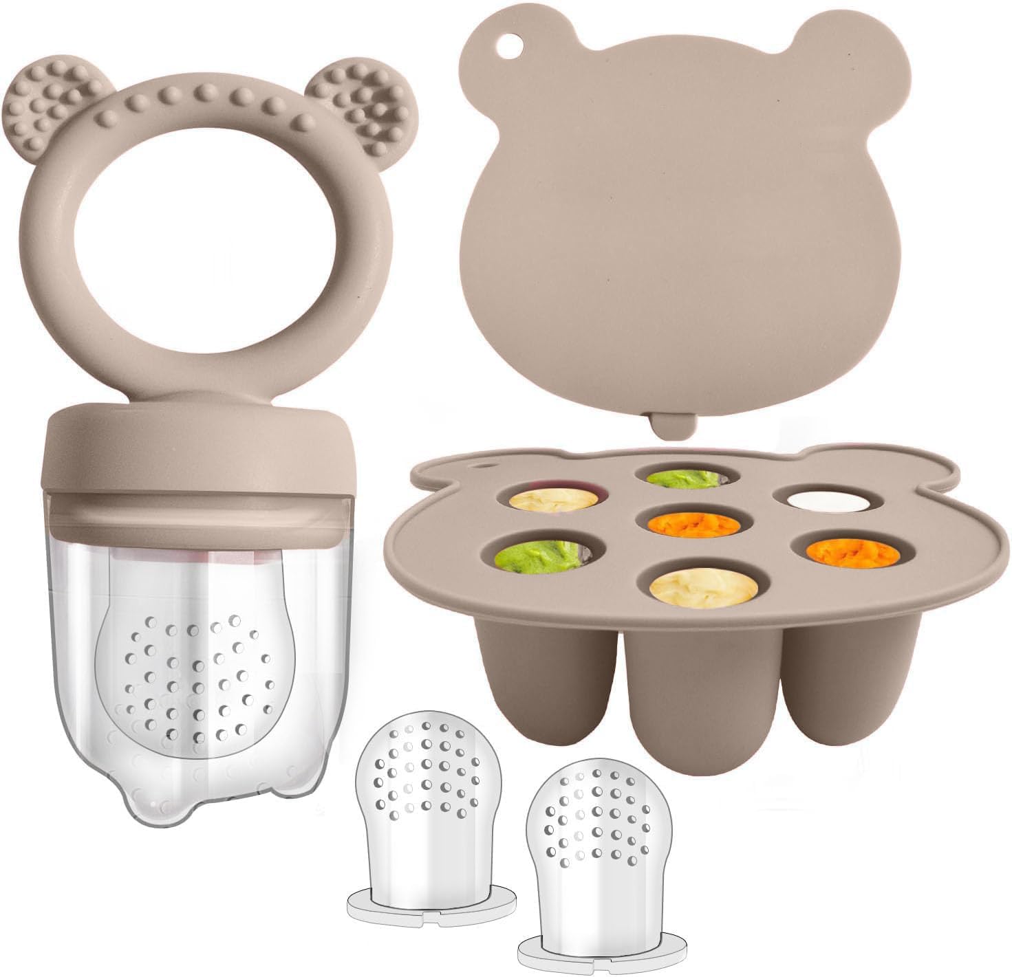 WeSweet Fruchtsauger Baby | Silikon Futterspender für Babynahrung und Gefriertablett für Babynahrung, Milch-Eis am Stiel, zur Linderung des Zahnens von Babys, Schnuller zum Selbstfüttern (Bear Sand)