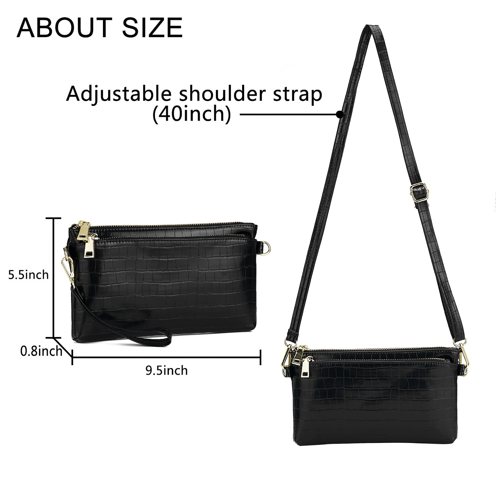 ZOOEASS Triple Zip Small Crossbody Bag Lightweight Purses Vegan Leather Wristlet Clutch, Includes Adjustable Shoulder | Triple Zip, Small, Lightweight, Vegan Leather: Crocodile Blcak