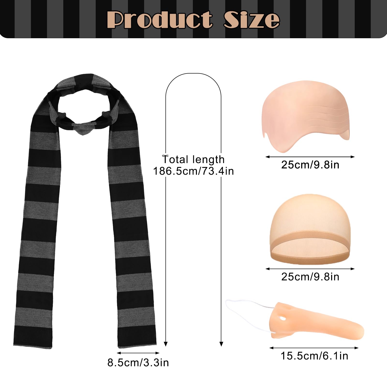 KMLGY 4 Pcs Halloween Costume Accessories for Adult Black Gray Striped Scarf/Fake Nose/Bald Cap for Men Cosplay - Image 2