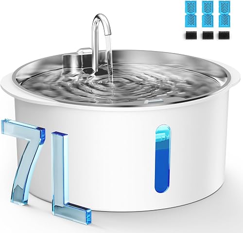 Pektaco Dog Water Fountain for Large Dogs, Stainless Steel Tray, 3 Filters | 7L/1.8 Gal, 4-Layer Filtration, Viewing Window, LED Water Level Indicator, Super Quiet Pump, Easy to Clean, BPA-Free