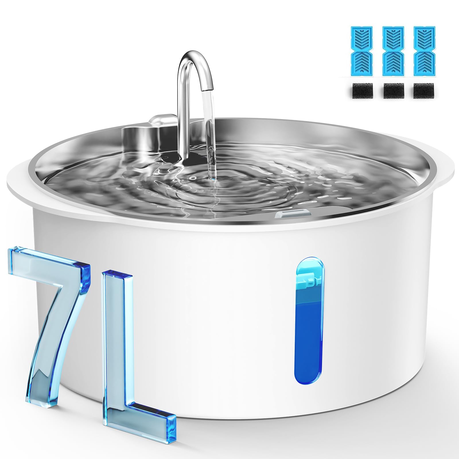 Fuente de agua para perros grandes, fuente de acero inoxidable de 1.8 galones/7 litros, dispensador de cuenco de agua para perros con ventana de visualización y LED, súper silenciosa, filtros de