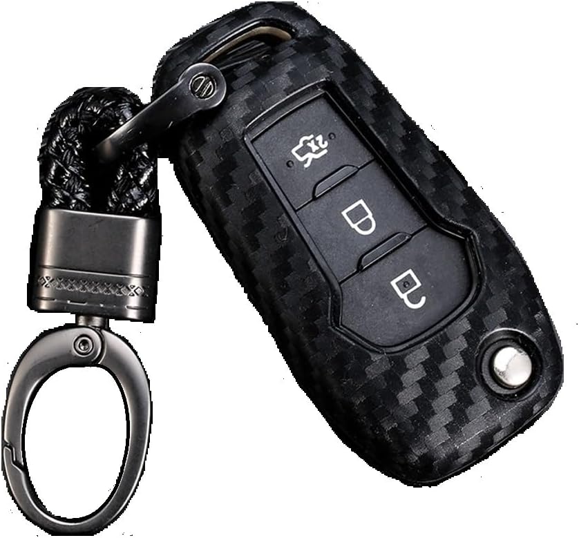 ROYALFOX(TM 2/3 Buttons flip Remote Key Fob case Cover for 2015 2016 2017 2018 2019 Ford F150 F250,Focus 3 Escort Kuga Everest Fiesta Mustang Edge MKV Fusion 2016 Ranger (Silicone Carbon Fiber)