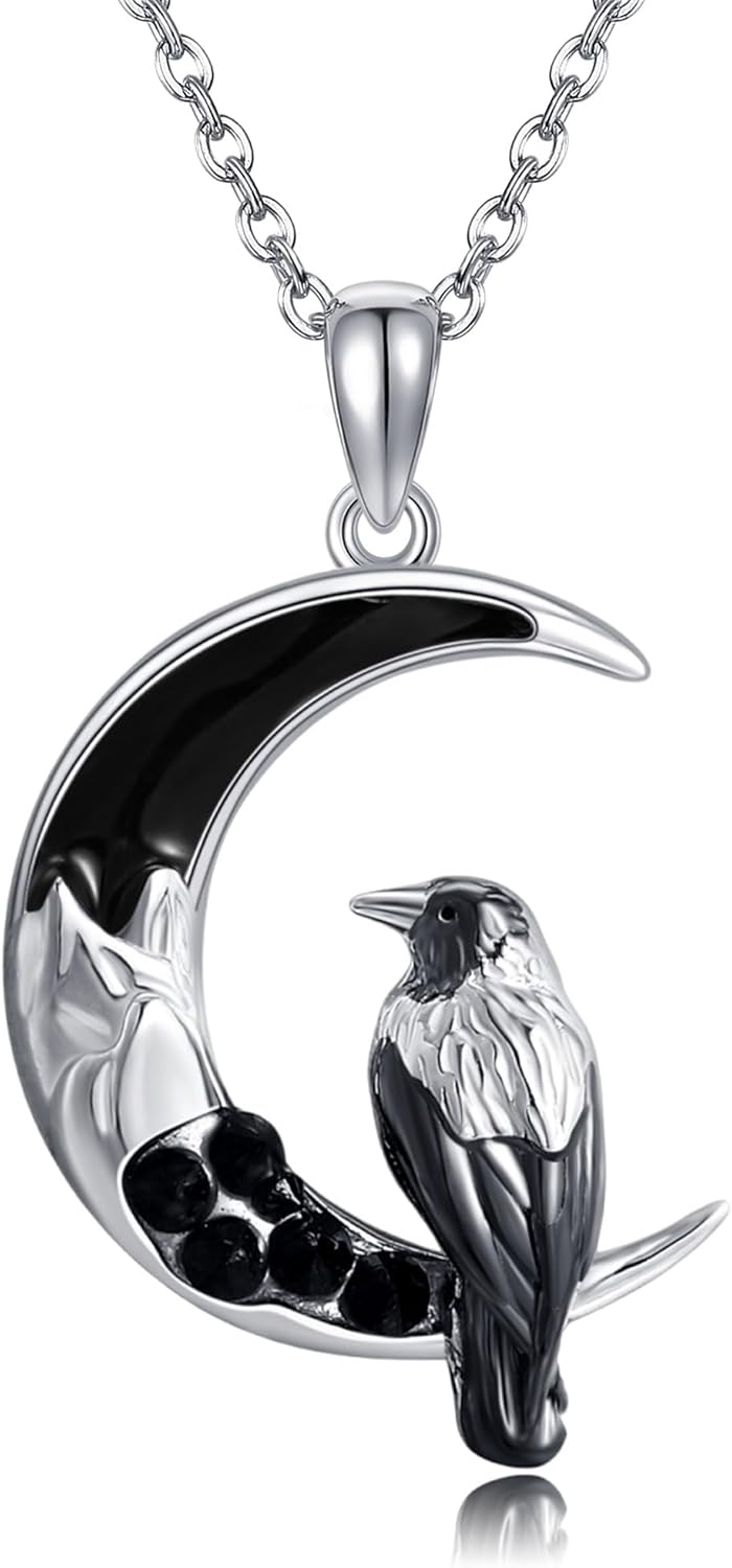 ONEFINITY Raven Crow Wolf Necklace 925 Sterling Silver Crescent Moon Animal Witchy Pendant Necklace Halloween Christmas Jewelry Gifts for Women
