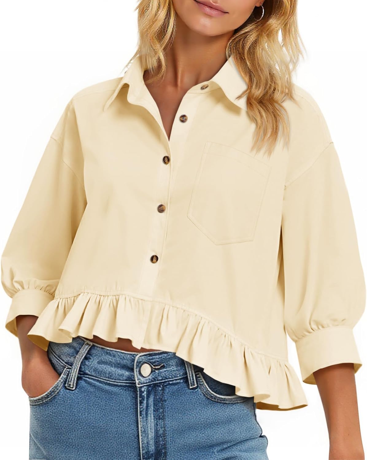Cicy Bell Womens Cropped Button Down Shirts 3/4 Length Sleeve Casual Cotton Blouses Loose Fit Ruffle Hem Tops