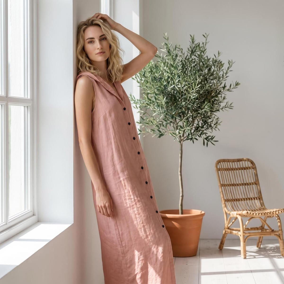 Vestido largo sin mangas con capucha y cuello en V para mujer, vestido camisero suelto con abertura frontal, mezcla de lino, vestido minimalista de verano para la playa