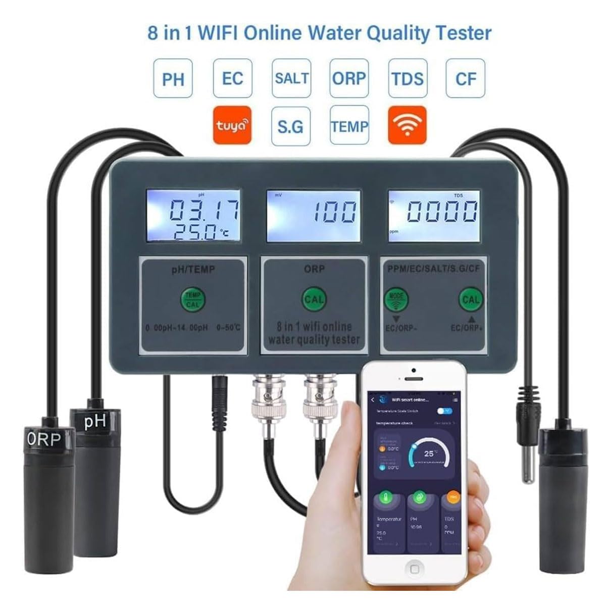 Monitor jakości wody, cyfrowy tester do PH/EC/TDS/Salt/S.G/CF/ORP/Temp, z monitorowaniem aplikacji online, Tuya Smart, do akwariów, hydroponiki basenowej