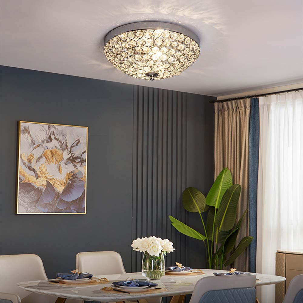 Depuley Plafonnier en cristal de luxe, 2 lumières chromées encastrées, en forme de cuvette, lustre moderne et élégant en cristal pour salon, chambre, couloir (ampoules E14 non incluses)