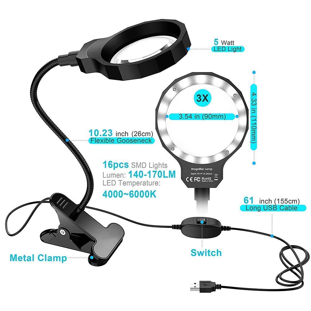 Lupa, lámpara de Aumento USB 10X, con Clip Iluminado y Luces LED para degeneración Macular, Personas Mayores, Lupa D con Lente Flexible
