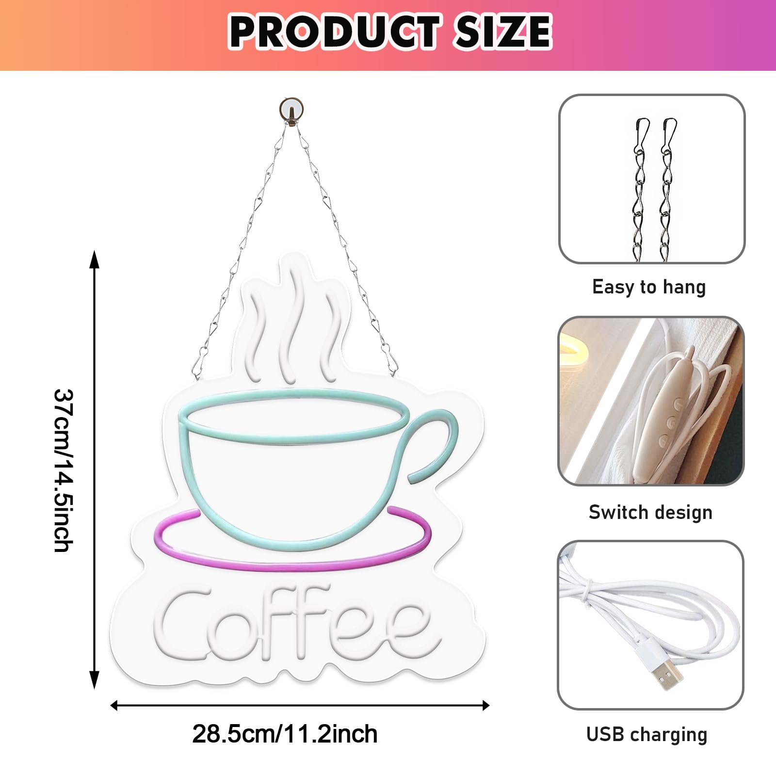 Segnalazione luminosa a LED, luce notturna, LED Coffee per tazza da caffè, caffè neon Sign, caffè, lettera luminosa, luce al neon per famiglie, ristorante, soggiorno, cucina, finestre
