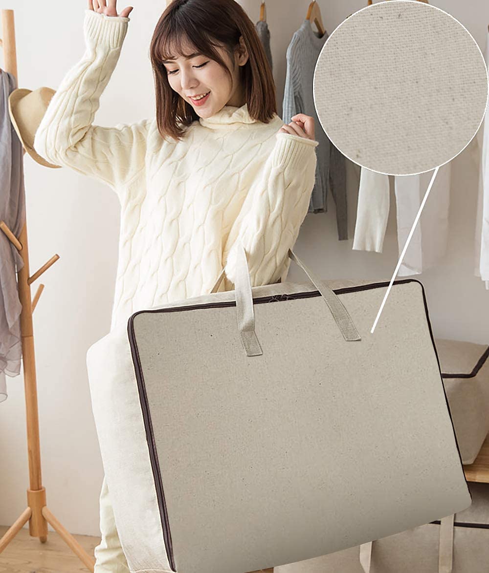 Bolsas de almacenamiento suaves de lona transpirable con asas y cremallera de 3 lados, buenas para ropa de algodón, organizador de ropa de cama, color beige, 3 unidades