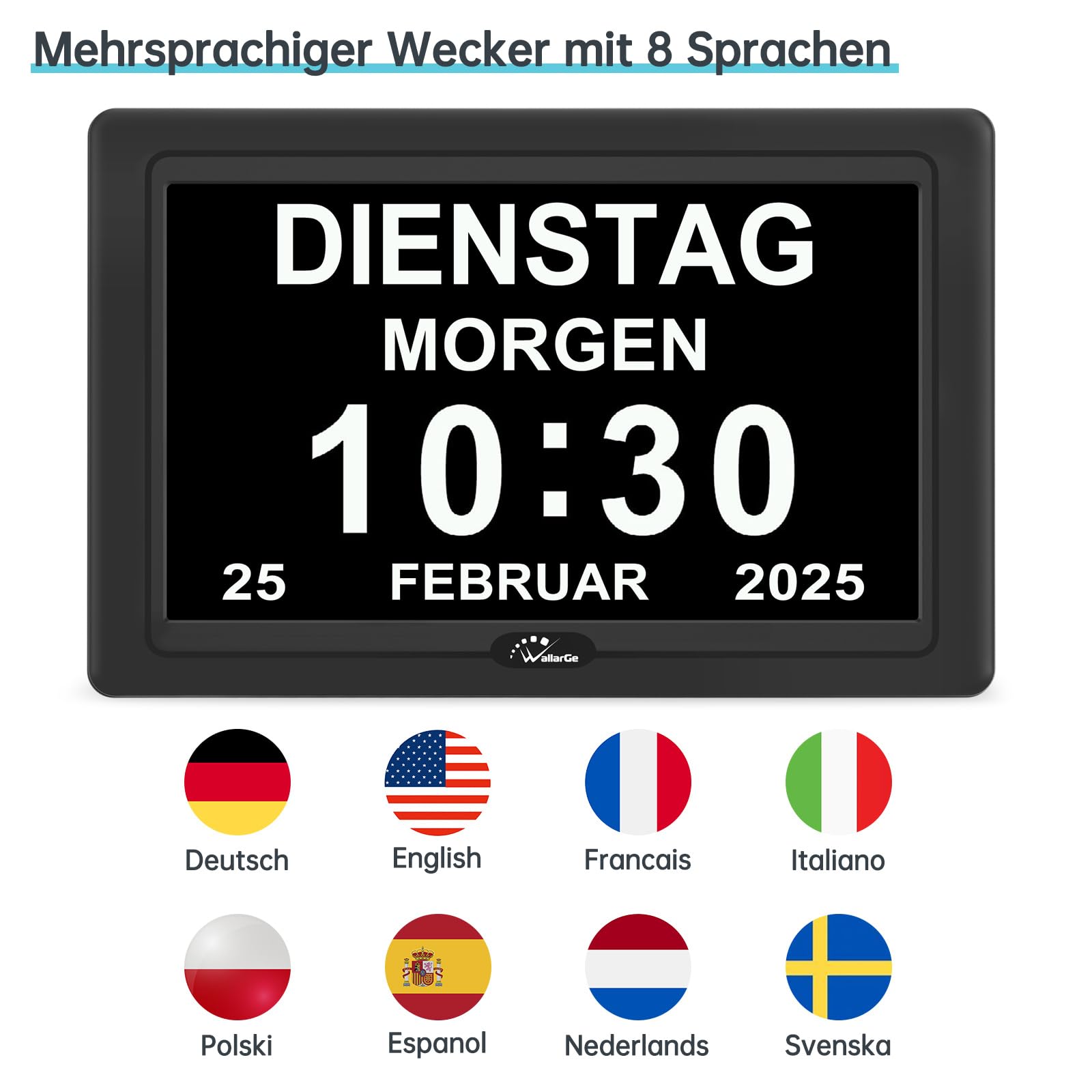 WallarGe Digitaler Demenz Uhr Großes Display für Senioren, Plug in elektrische Datum Tag der Woche Kalender Uhr 20 Erinnerungen 3 Klingeltöne 10 Stufen Lautstärke, Auto DST (7 Zoll,Schwarz)