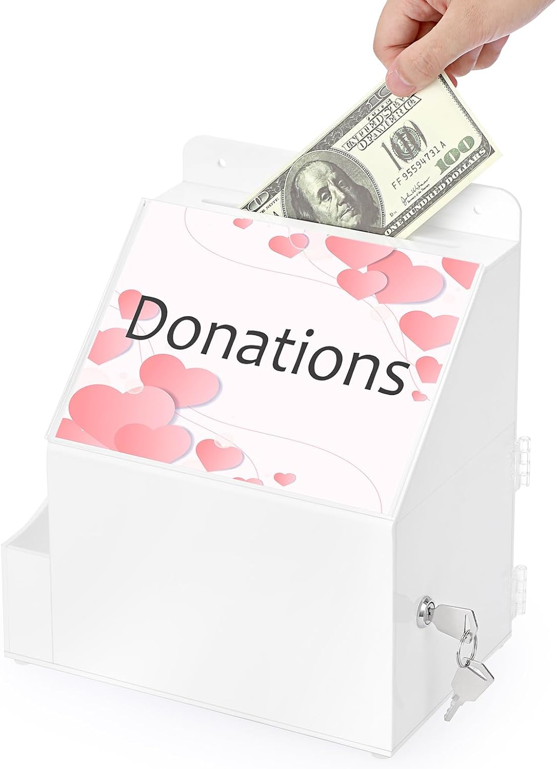BTSKY Acrylic Suggestion Box with Lock Wall Mounted Acrylic Donation Box with 5"x7" Sign Slot Office Ballot Boxes with Side-Pocket Collection Boxes for Voting Locking Suggestion Mailbox, White