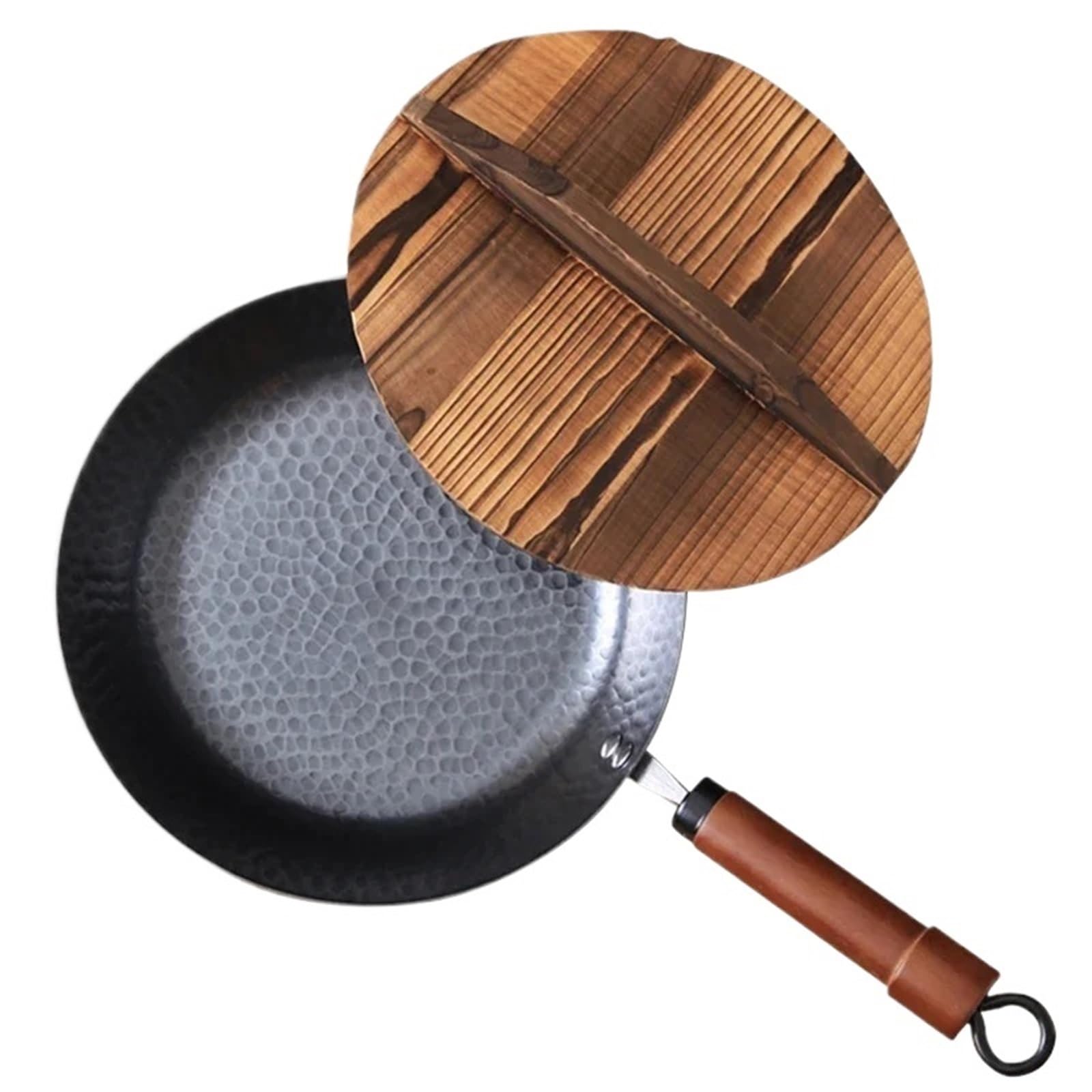 ASerZenith Wok Pan Cast Iron Wok Pan Traditional Cookware Induction Compatible Non-Stick Frying,30Cm With Lid