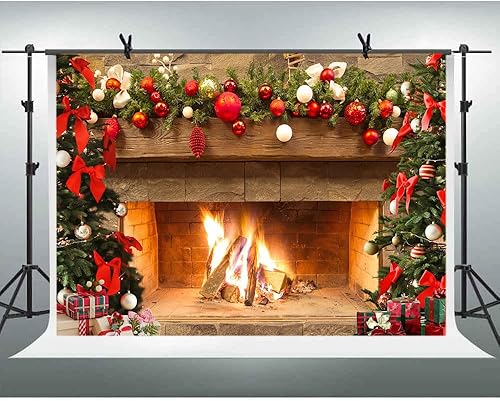 Miniatura 8 de Lofaris Telón de fondo de chimenea de Navidad de 9 x 6 pies, diseño vintage de árbol de fuego, medias rojas, regalos de fondo de fotografía de
