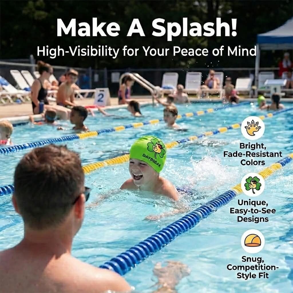 Swim Cap Kids & Teens - Seamless Non Slip Waterproof Silicone Swimming Cap - Kids Swim Cap Comfortable Fit Fun Design Swimming Cap for Girls & Boys DAYBREAK