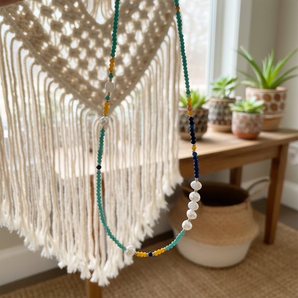 Colorful Beaded Necklace with Freshwater Pearls, Turquoise Yellow Navy Blue Seed Beads, Boho Beach Jewelry for Women, 18K Yellow Gold Plated over Stainless Steel, Tarnish Resistant, 16.5-Inch Length with 2-Inch Extension
