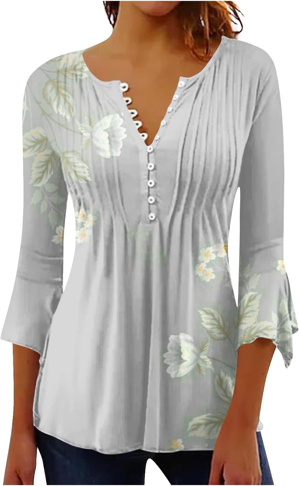 Summer Blouses for Women,3/4 Sleeve Flower Print T-Shirts V-Neck Button Pleated Blouses Bohemia Workout Tops