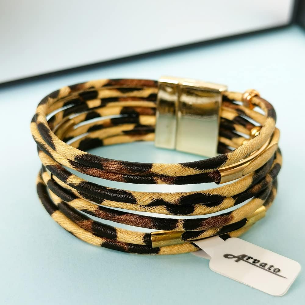 Leopard Bracelet for Women (7.68”) Multi Layered Animal Cheetah Print Natural Stone Braided Boho Leather Wrap Bracelet Jewelry - Image 5