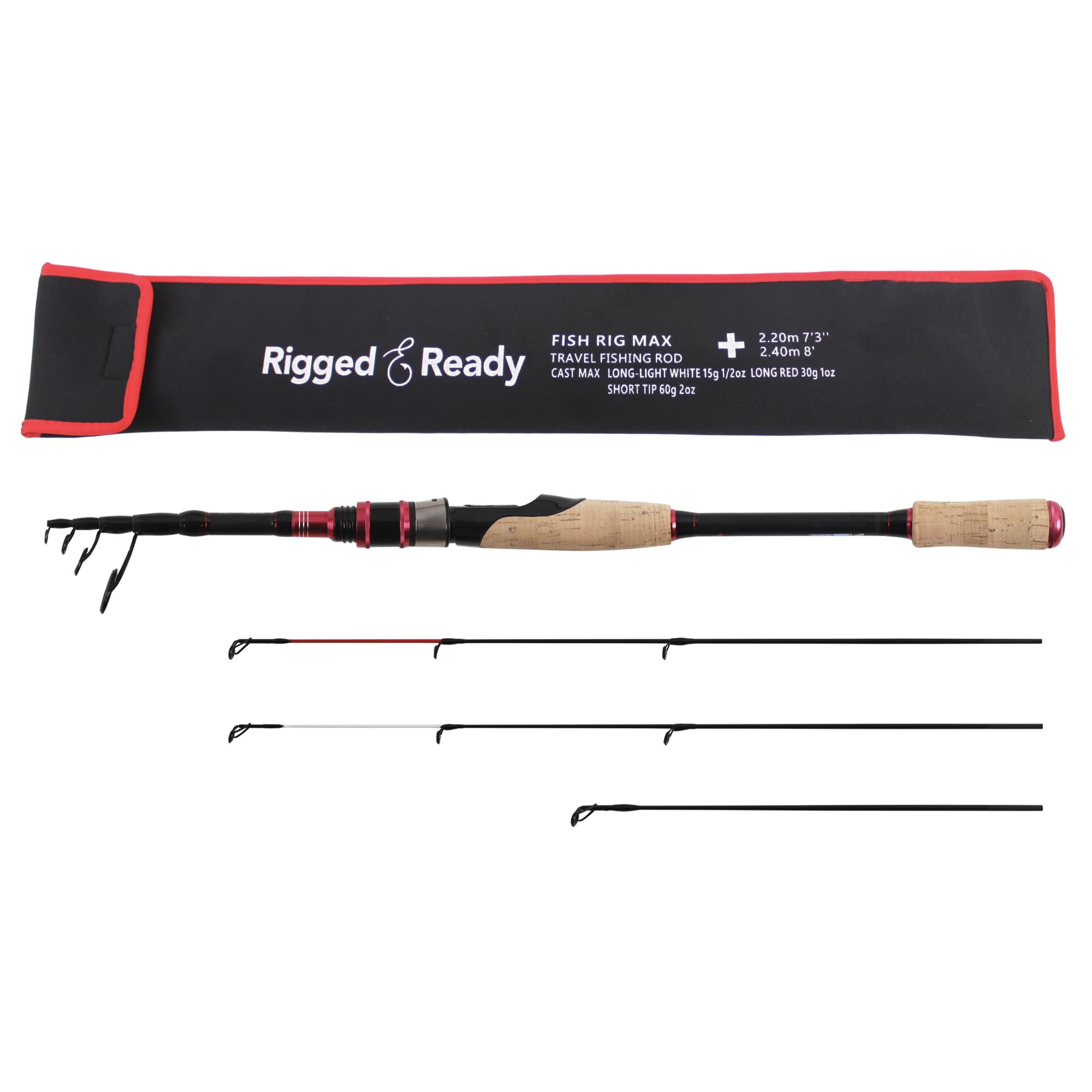 Rigged and Ready Fish Rig Max - Canna da pesca telescopica Spin & Bait-Cast da viaggio con micro grilletto unico, canna in carbonio + 3 punte. 240 e 210 cm, 0-15, 10-30, 20-50 g
