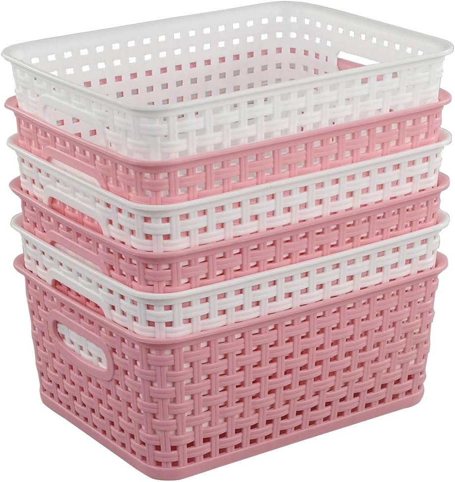 Set of 6 Plastic Woven Storage Baskets, Small Storage Organizer Bins Set, F
