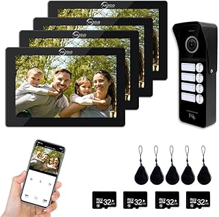 1080P Video-Türsprechanlage (verkabelte Türklingel), 4-Familien-Türklingel, 7-Zoll-Touchscreen-Display, Entriegelungsunterstützung, Zwei-Wege-Sprechanlage (schwarz)