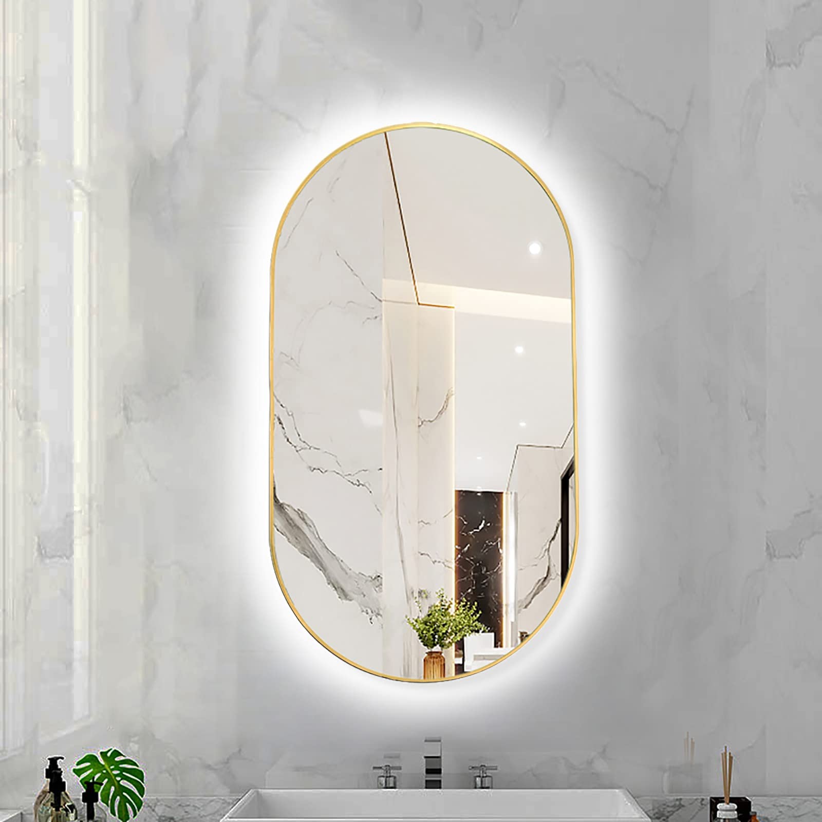 FGXHHS LED Oval with Metal Frame, Backlit Illuminated Lighted Wall Hanging Vanity for Bedroom Entryway (Color : Gold Frame - White Light, Size 40X70CM)