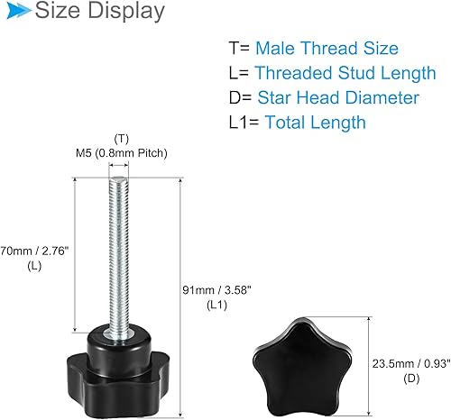 Miniatura 2 de CoCud Perillas de sujeción de estrella, rosca macho M5 x 2.756 in, cabeza de 0.925 in, mango de tornillo de pulgar de plástico, perno roscado negro