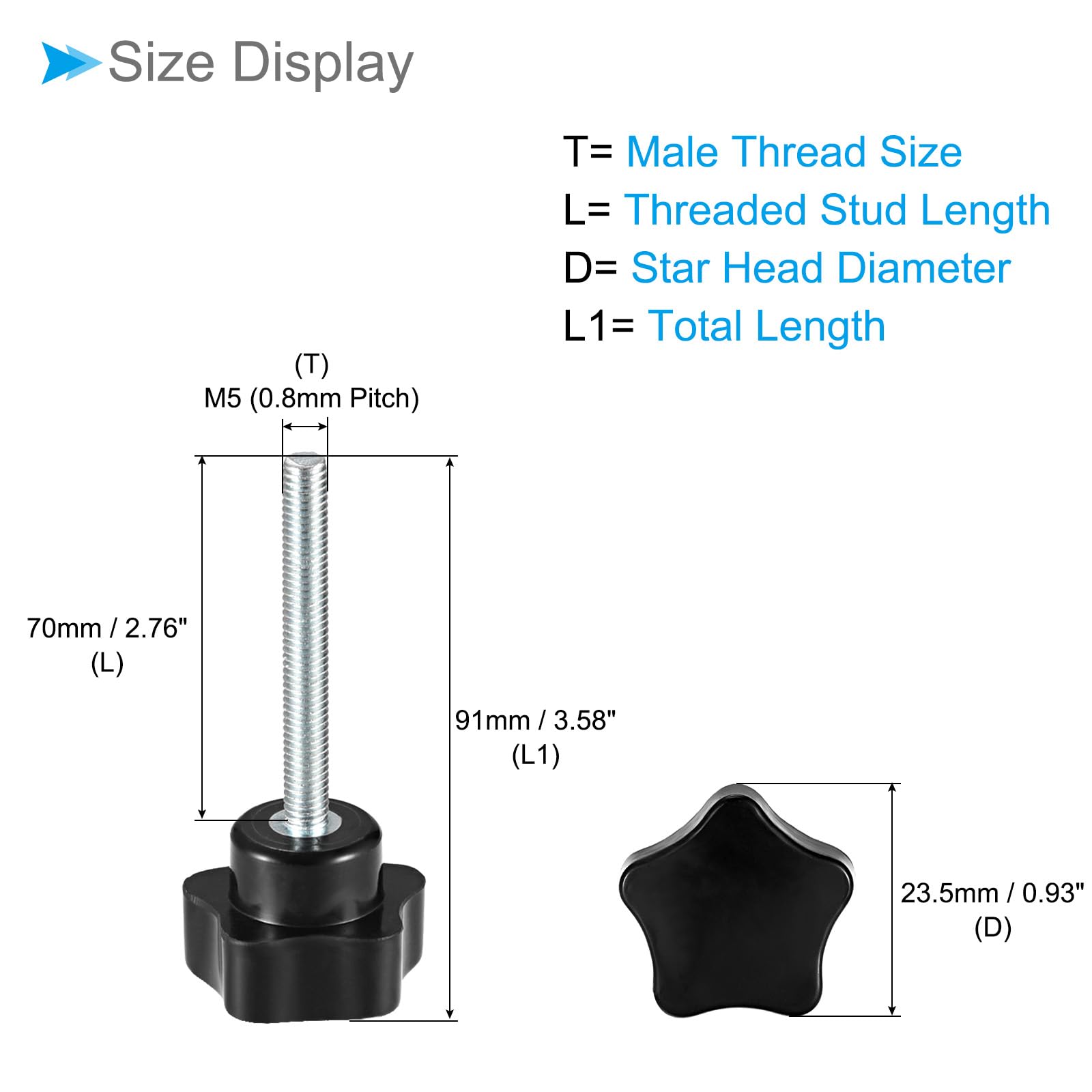 CoCud Star Clamping Knobs, M5 x 70mm Male Thread 23.5mm Head, Plastic Thumb Screw Grip Hand Knobs Threaded Bolt Black - Image 2