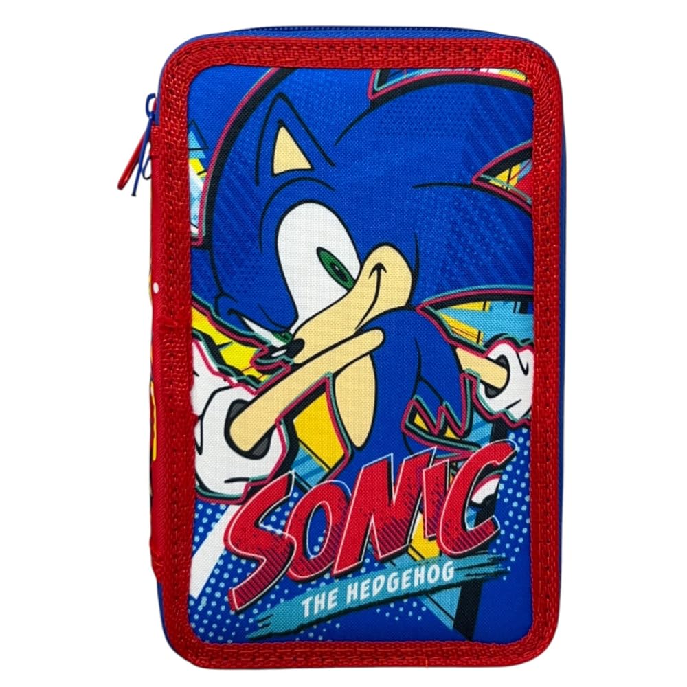 Astuccio Sonic triplo completo 44 pezzi cancelleria scuola penne matite colori pennarelli Giotto