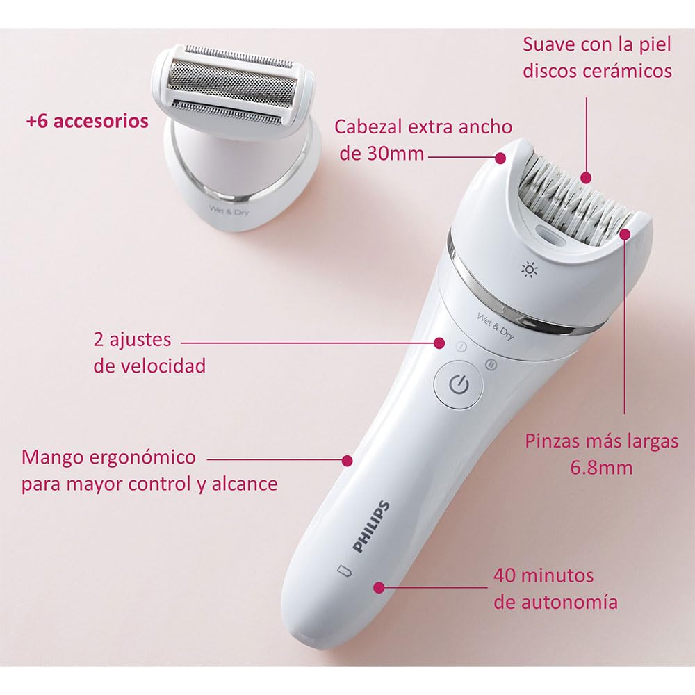 Philips depiladora serie 8000, sin cable en seco y húmedo para piernas y cuerpo, dispositivo de depilación para mujeres, con cabezales para zonas delicadas y de contacto óptimo, modelo BRE700/00
