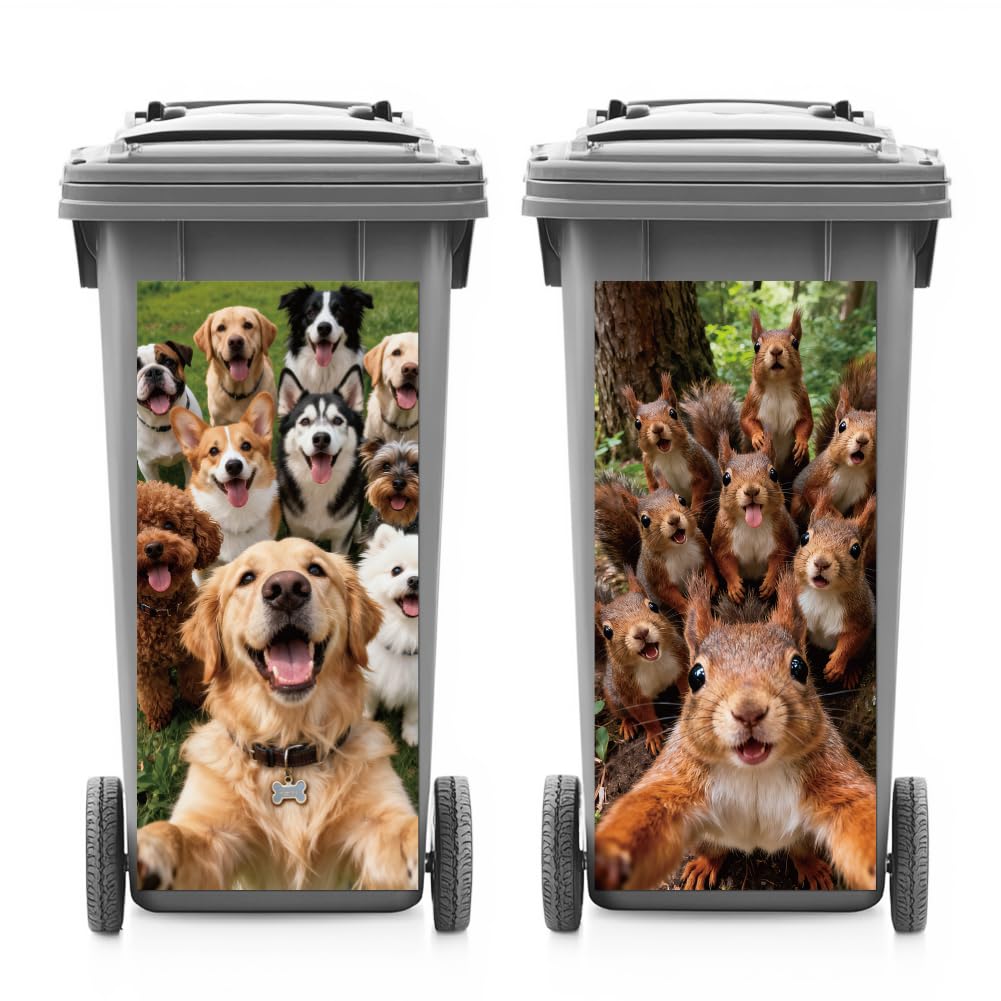 ANATTASOUL 2 Sheets Animal Wheelie Bin Stickers Animal Group Selfie Waterproof Dustbin Covers Decor, 14.9"x 32.2" Adhesive Large Funny Decal for Bins, Fridge, Wall, Garden Outdoor, Indoor Decoration