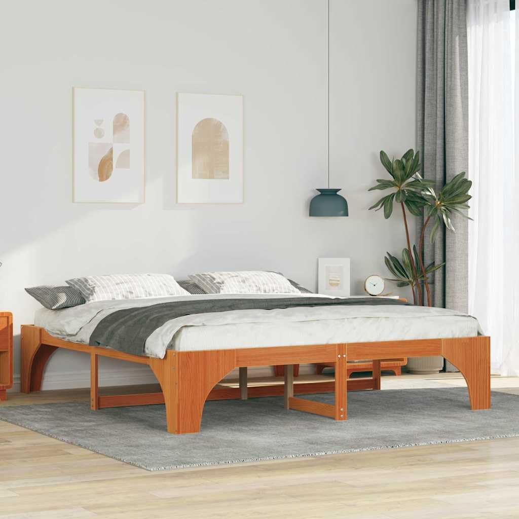 Marco de Cama en el Suelo de Madera Maciza de Pino Marrón Estructura de Perfil Bajo Minimalista y Funcional para Dormitorio Moderno 4 Piezas de Ensamblaje Fácil y Uso