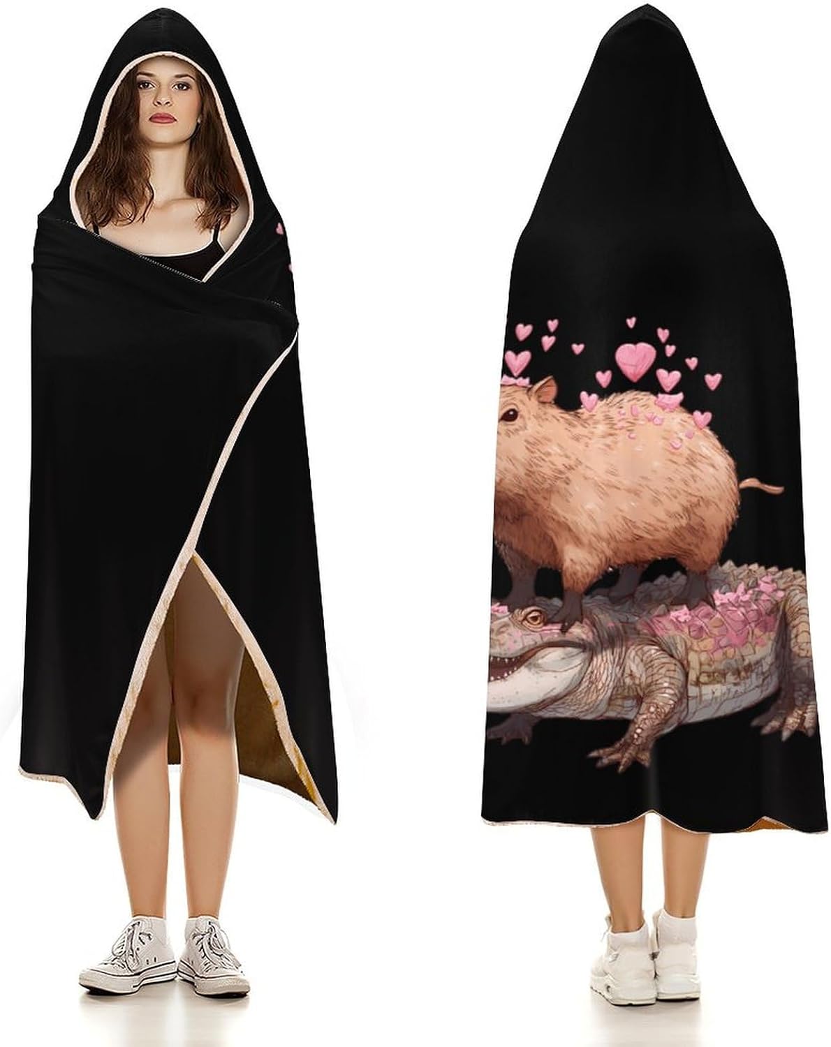 Capybaras Alligators Wearable Blanket Oversized Throw Cape | Cozy Hooded Blanket Gifts for Women Men