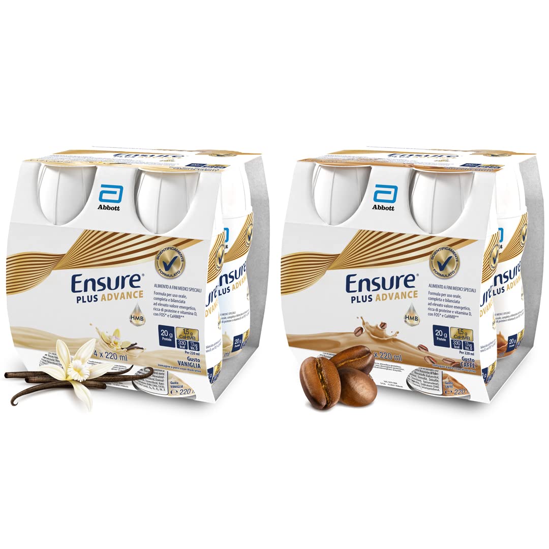 Ensure Plus Advance Supplemento Nutrizionale Ipercalorico ed Iperproteico |Formato bevanda| Alimento a fini medici speciali con Vitamine e Minerali | Multipacco 8x220ml Gusto Vaniglia e Gusto Caffè