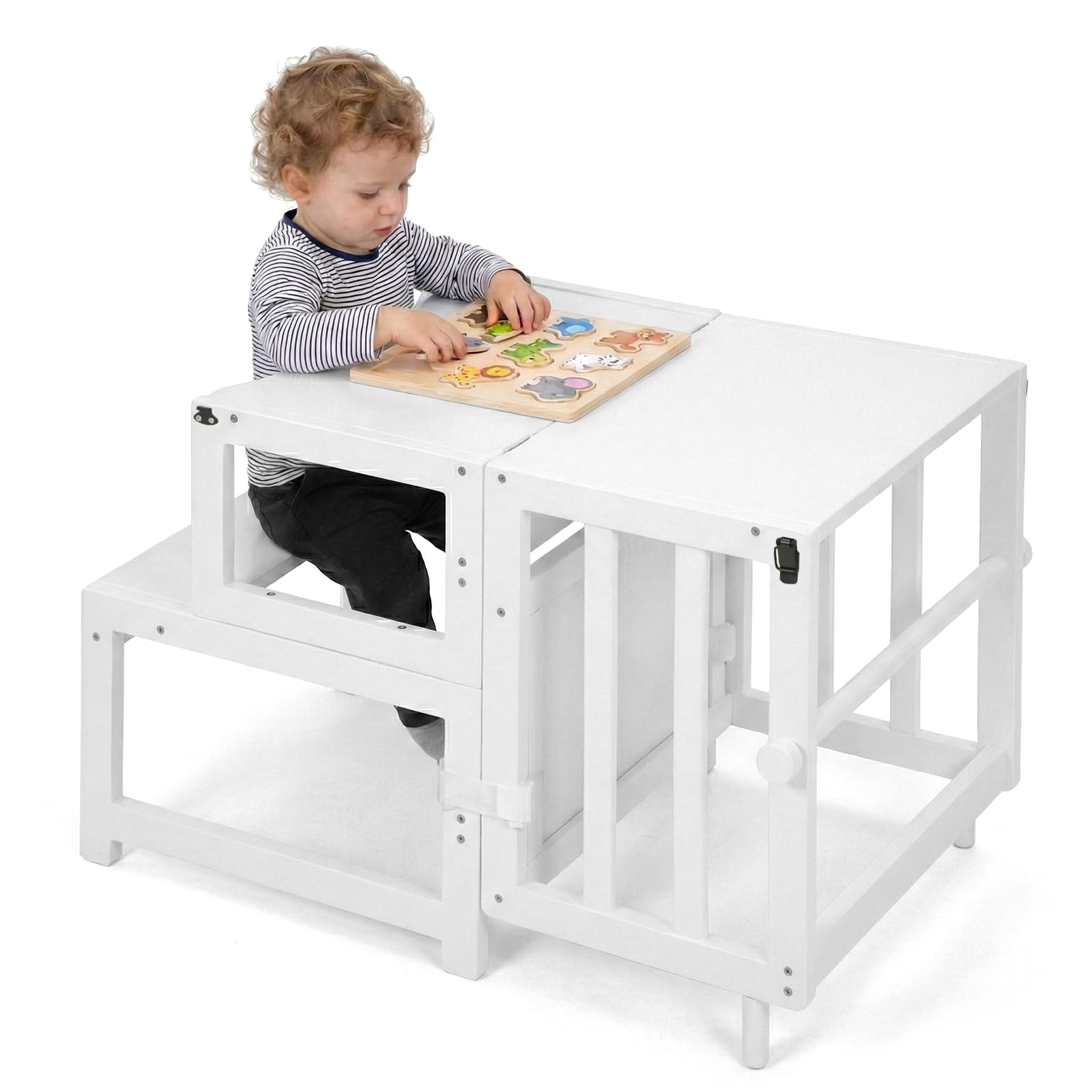 COSYLAND 3-in-1 Lernturm für Kinder - Klappbarer Learning Tower mit Tafel - Multifunktionaler, Faltbarer Holz-Lernturm für Küche, Tisch und Bad, ab 18 Monaten (Naturfarbe)