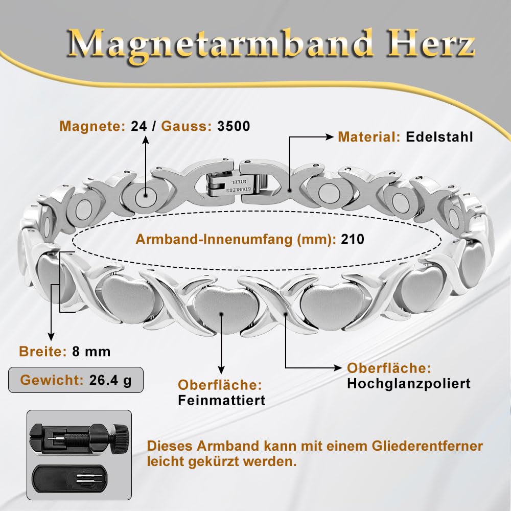 JEROOT Pulsera magnética para mujer, pulsera magnética para terapia magnética, alivio del dolor de muñeca, hinchazón, salud, pulsera magnética con herramienta de ajuste (3500 gauss) (;)