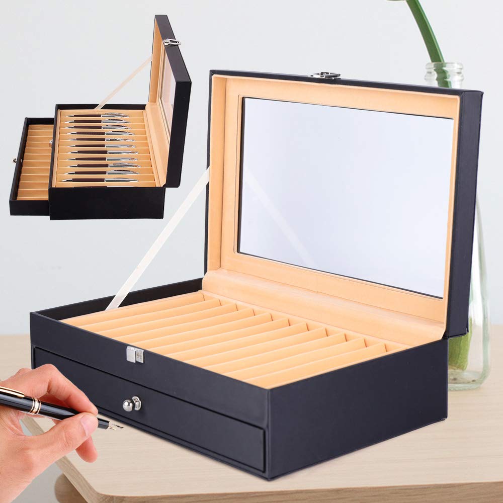 Meeden Sakura - Portapenne in legno con 24 scomparti, colore nero, 30,5 x 20 x 9,5 cm, coperchio trasparente, 2 livelli con cassetto