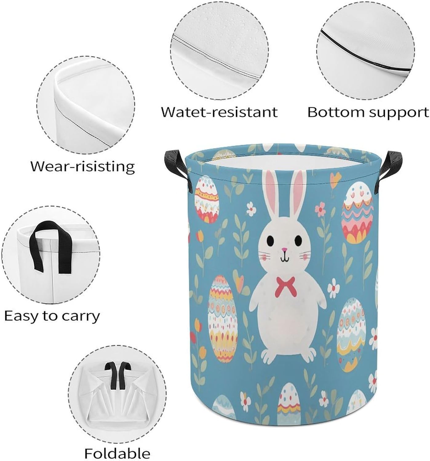 Bunny Rabbit Easter Eggs Novelty Collapsible Laundry Baskets Waterproof Clothes Hamper Storage Bins with Handles 13.8"x13.8"x17.3" 17.3"x17.3"x17.3"