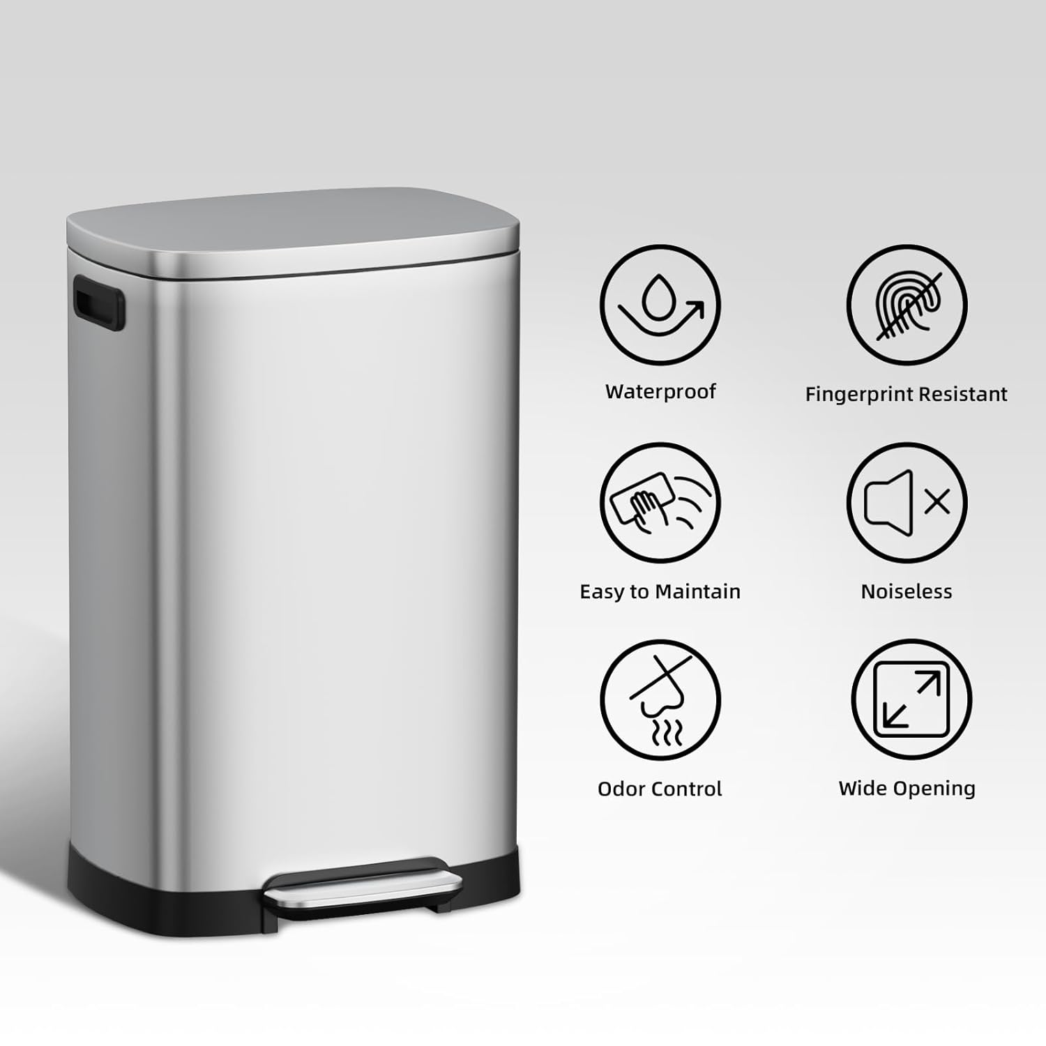 13 Gallon Stainless Steel Kitchen Trash Can, 50L, Rectangular, Soft-Close Lid, Fingerproof Finish, Hands-Free Operation, Odor Protection,Silver
