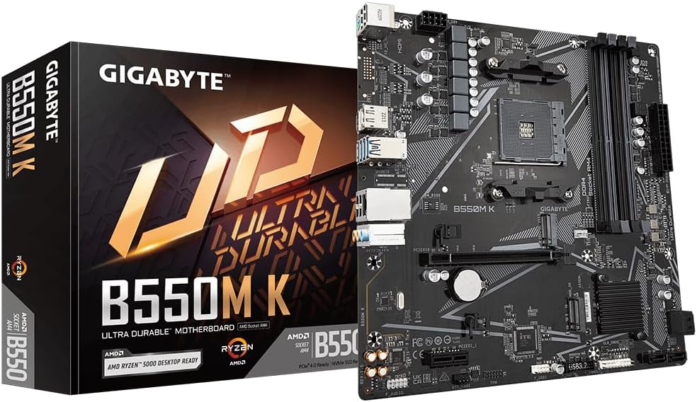 Gigabyte B550M K Motherboard - Supports AMD Ryzen 5000 Series AM4 CPUs, up to 4733MHz DDR4 (OC), 2xPCIe 3.0 M.2, GbE LAN, USB 3.2 Gen1